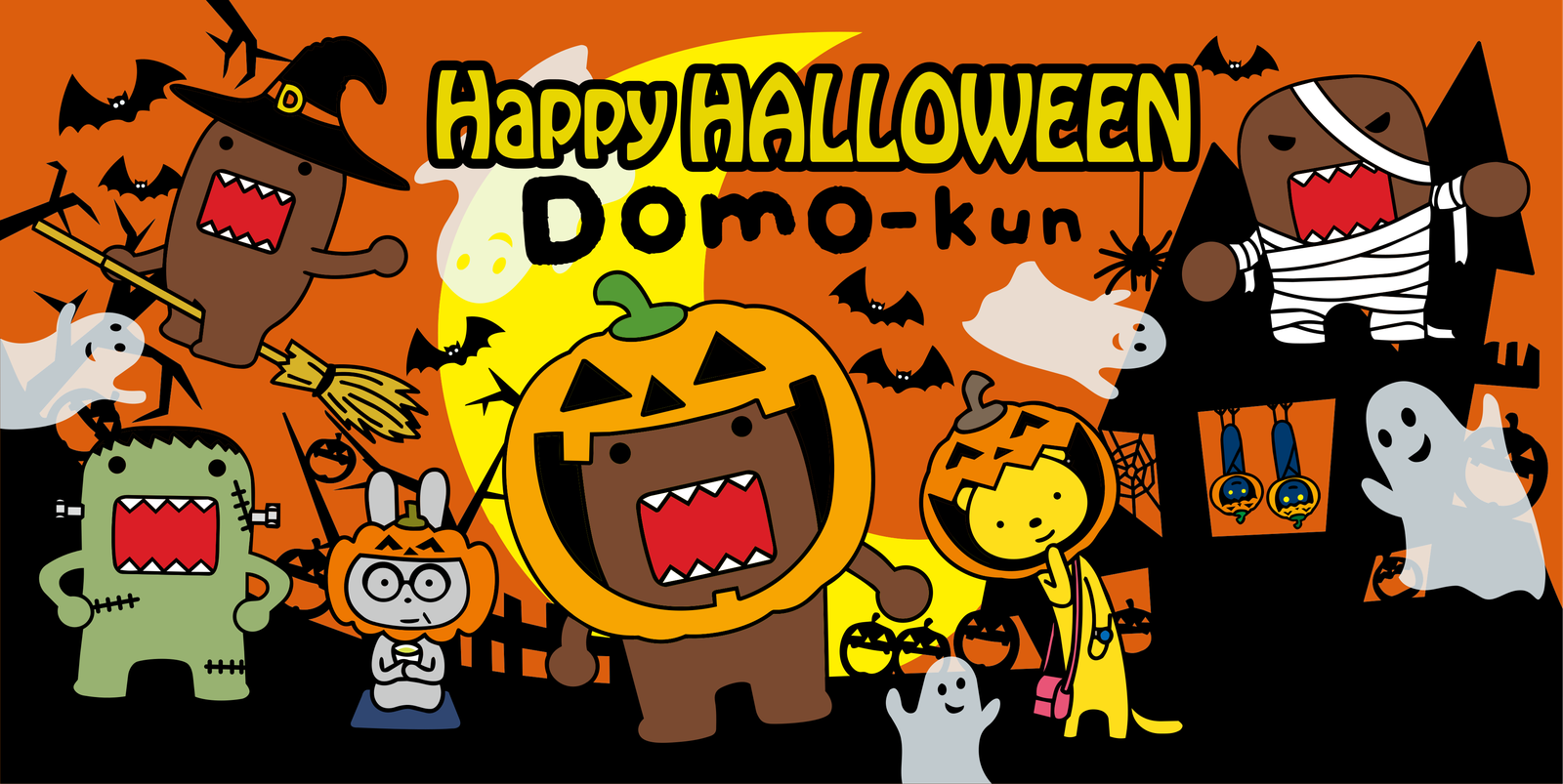 Official Happy Halloween Domo-kun artwork: Domo in costumes as a witch on a broom, a jack-o'-lantern, a mummy and Frankenstein's monster, with Mr. Usagi, Tashanna, friendly ghosts, bats and a haunted house under a big yellow moon.