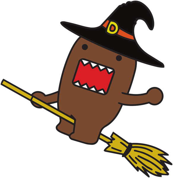 Domo in a witch hat riding a broomstick